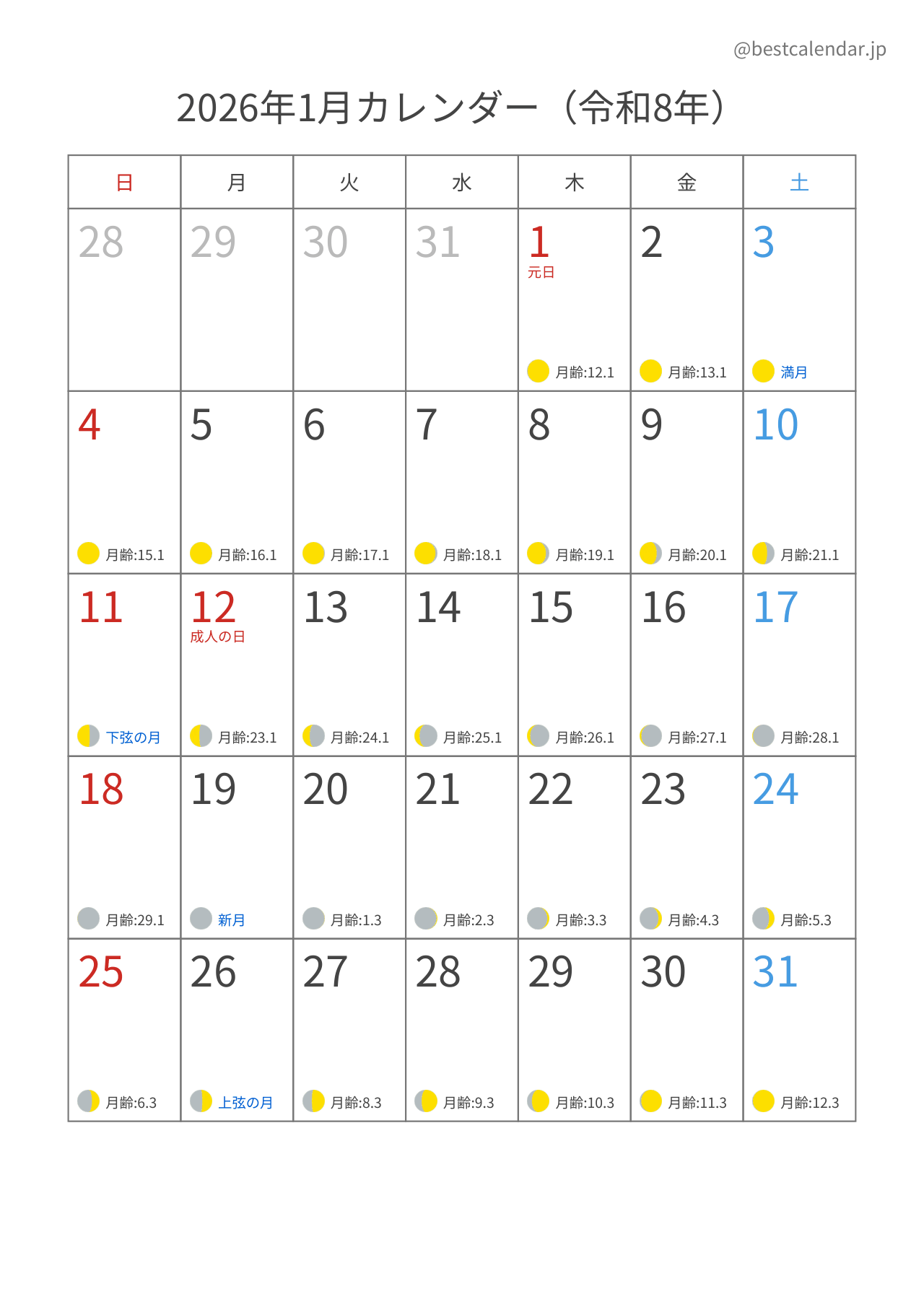 2026年1月月齢カレンダー 縦向き