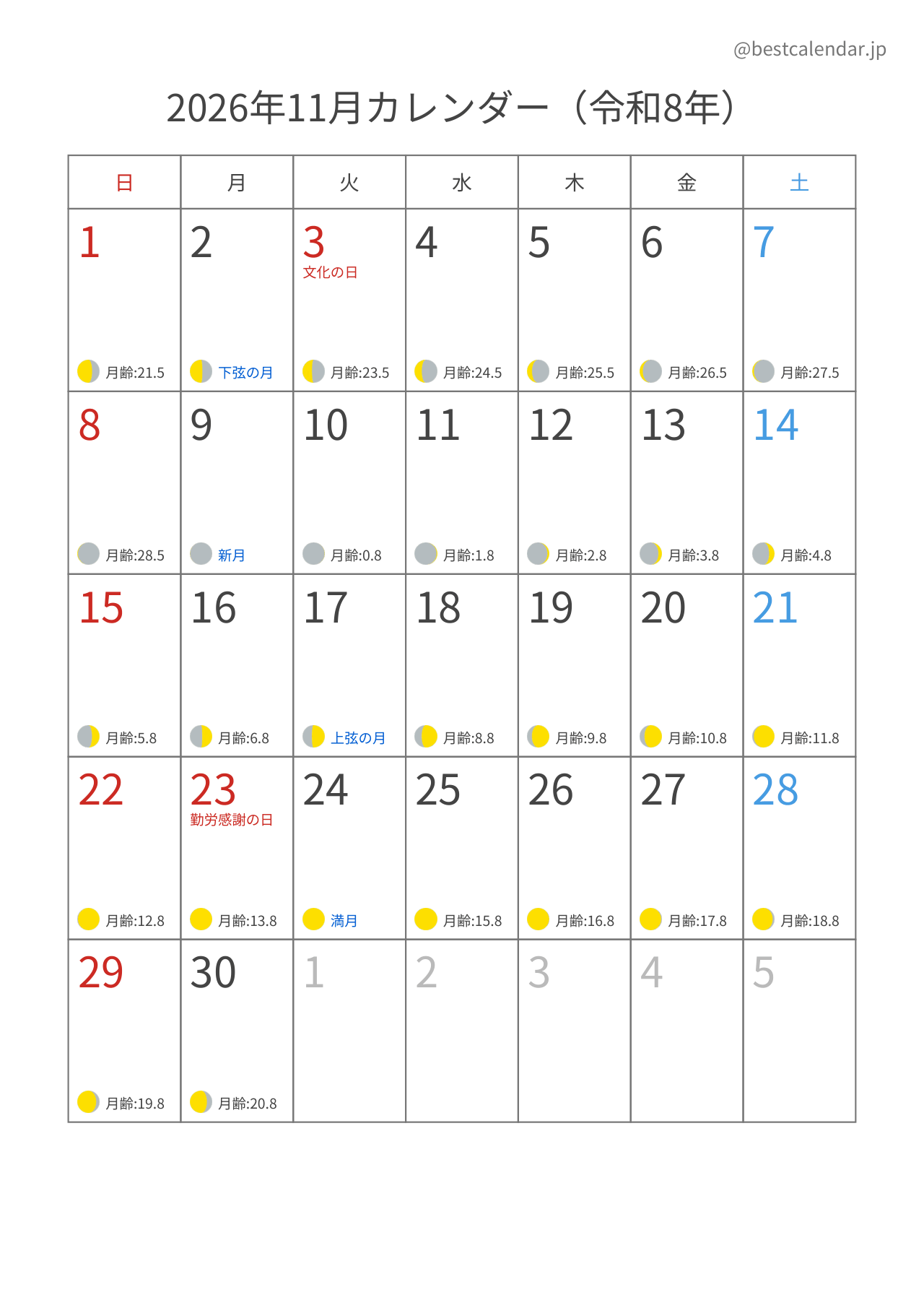 2026年11月月齢カレンダー 縦向き