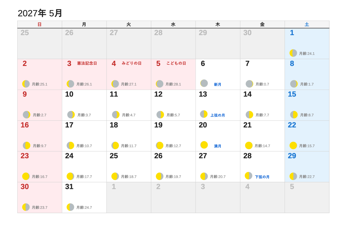 2027年5月 月齢エクセルカレンダー（日曜始まり）