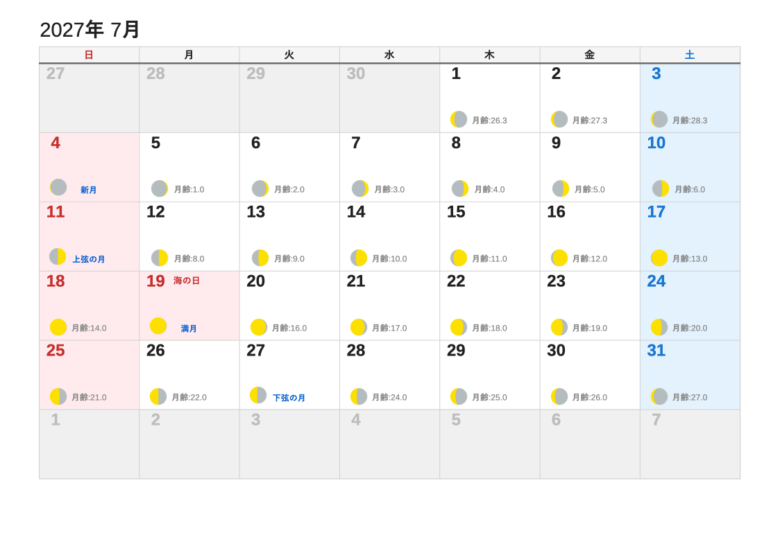 2027年7月 月齢エクセルカレンダー（日曜始まり）