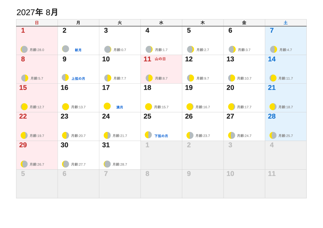 2027年8月 月齢エクセルカレンダー（日曜始まり）