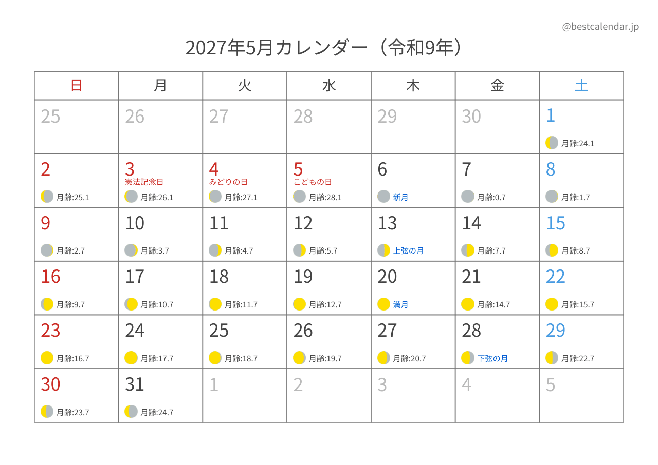 2027年5月 月齢入りカレンダー A4横向き
