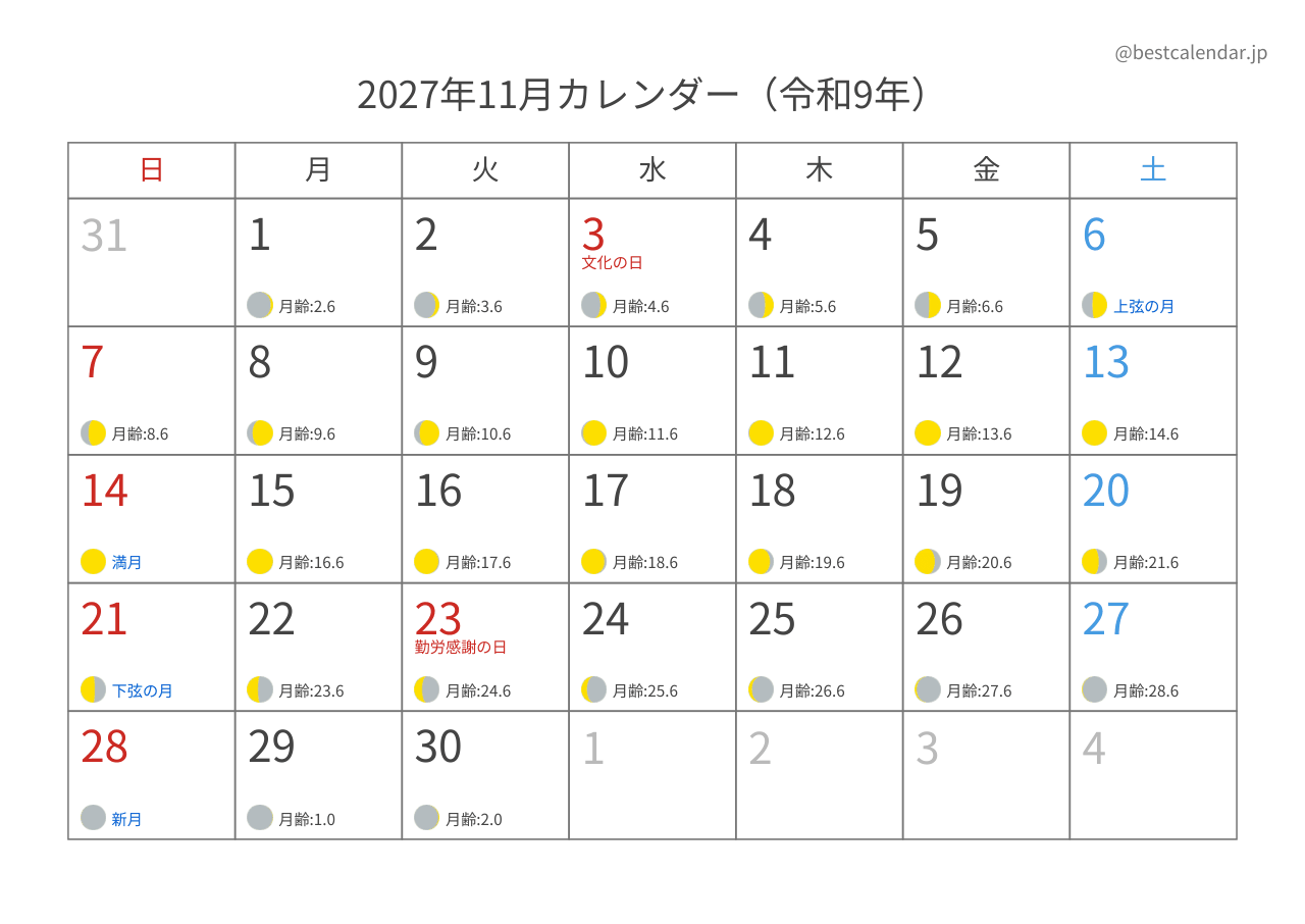 2027年11月 月齢入りカレンダー A4横向き