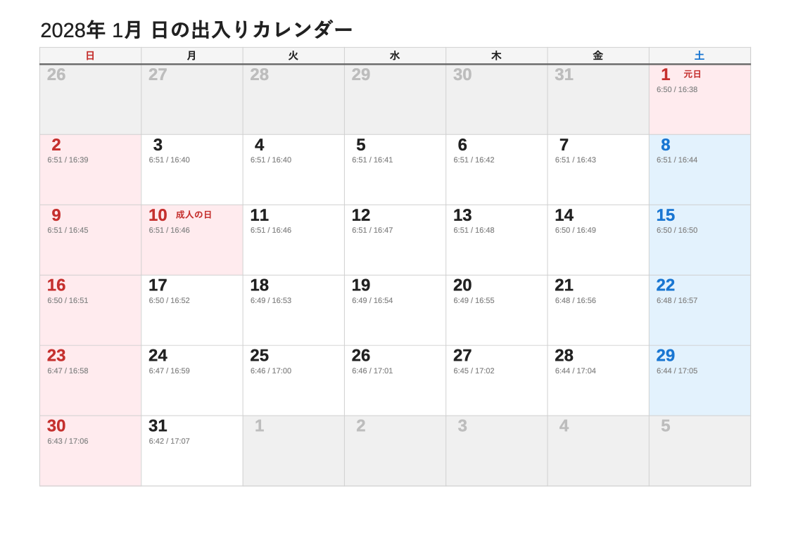 日の出入エクセルカレンダー（1月・日曜始まりの例）