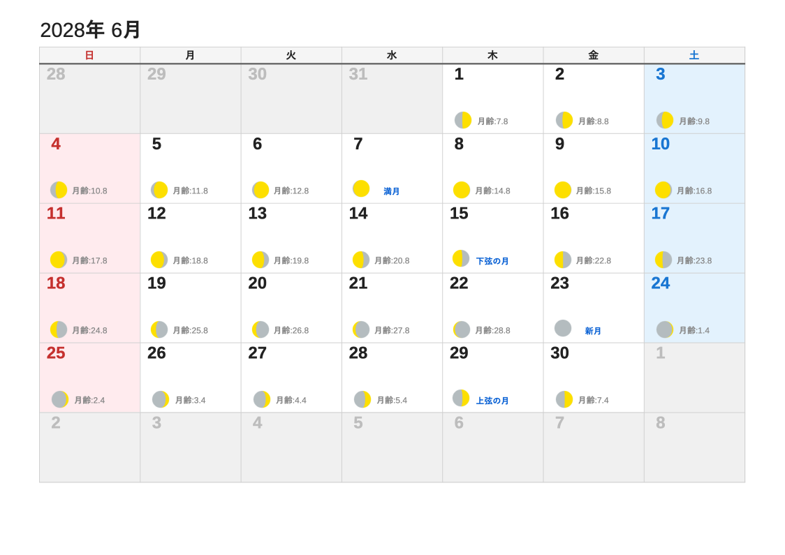 2028年6月 月齢エクセルカレンダー（日曜始まり）