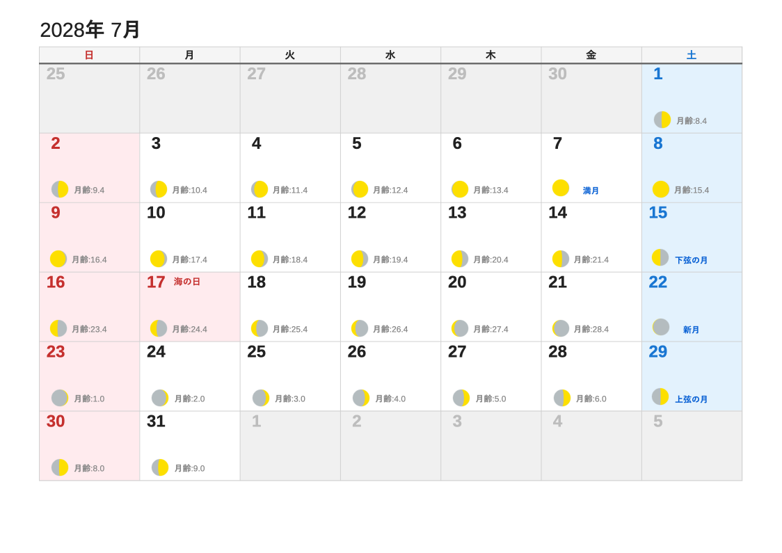 2028年7月 月齢エクセルカレンダー（日曜始まり）