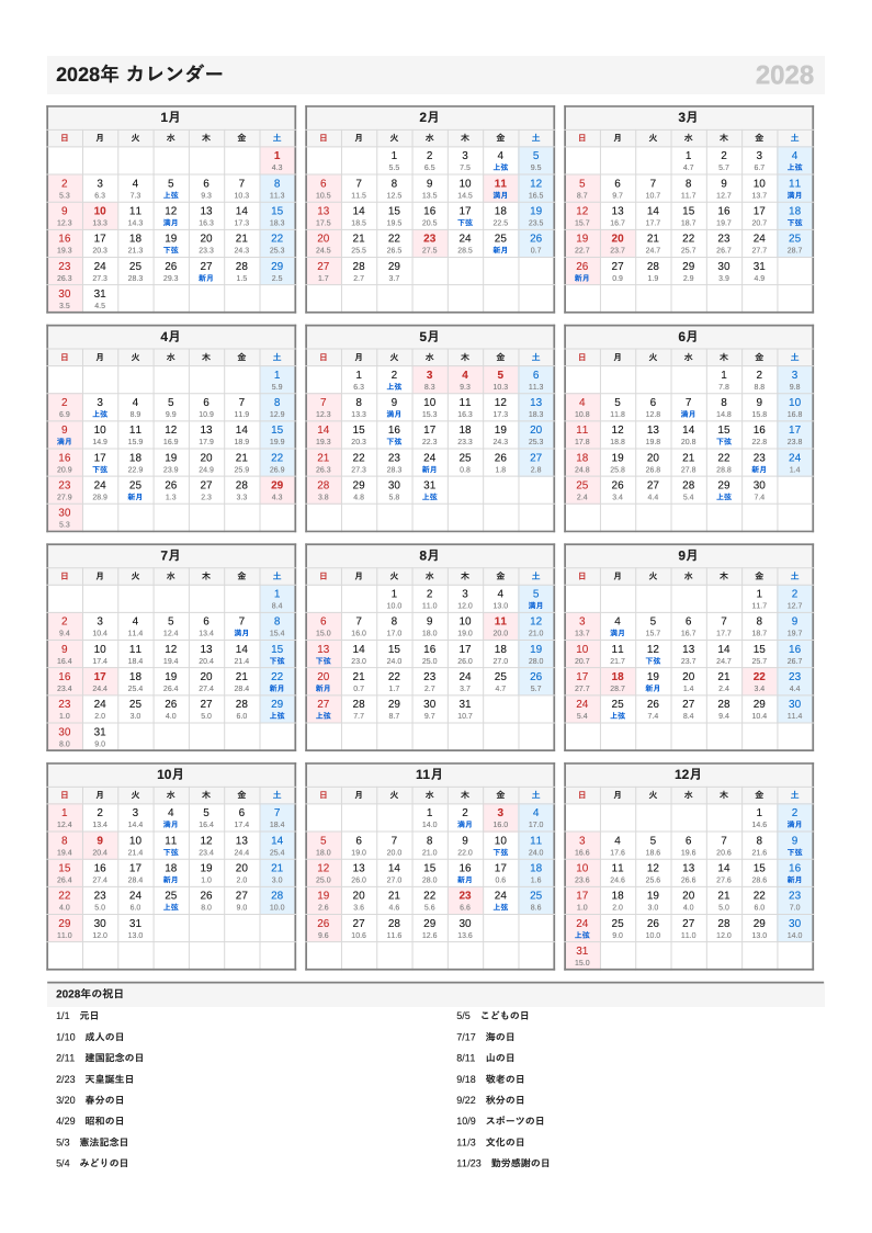 月齢入り・A4縦・1月始まりの年間カレンダー（日曜始まりの例）