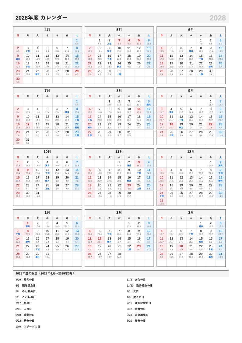月齢入り・A4縦・4月始まり（年度）の年間カレンダー（日曜始まりの例）