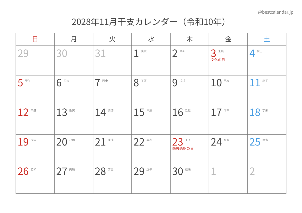 2028年11月カレンダー 干支入り A4横向き PDF無料ダウンロード