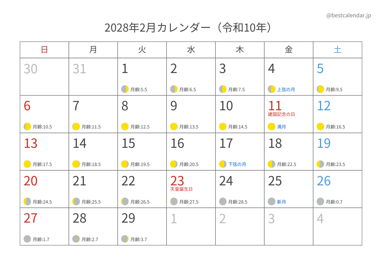2028年2月月齢カレンダー 横向き
