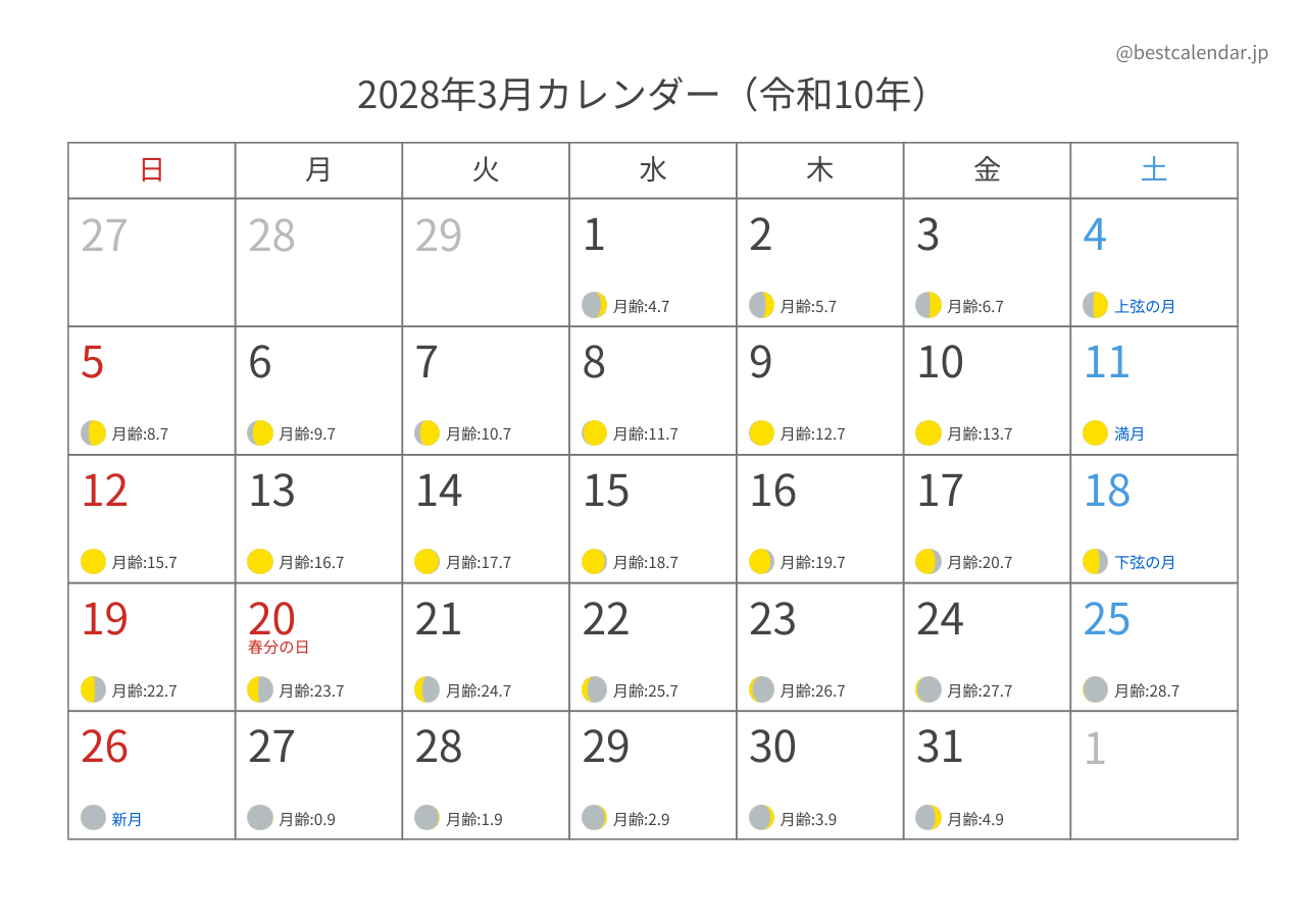 2028年3月月齢カレンダー 横向き