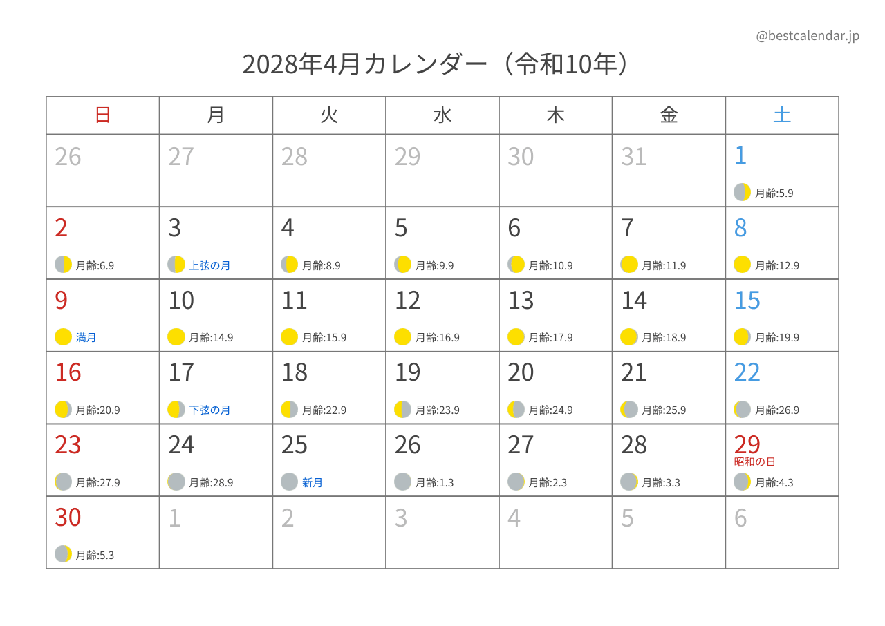 2028年4月月齢カレンダー 横向き