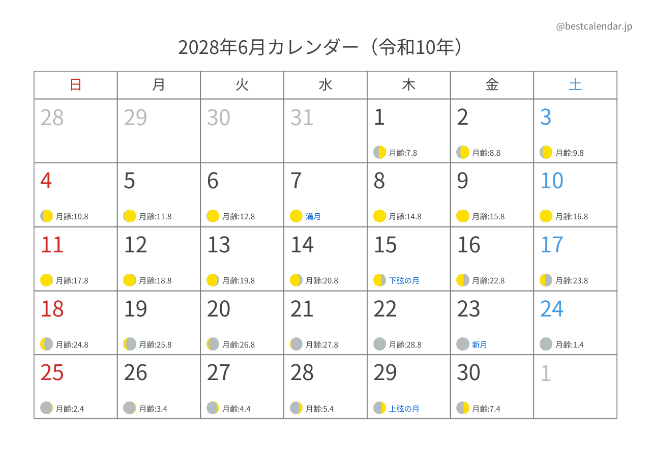 2028年6月月齢カレンダー 横向き