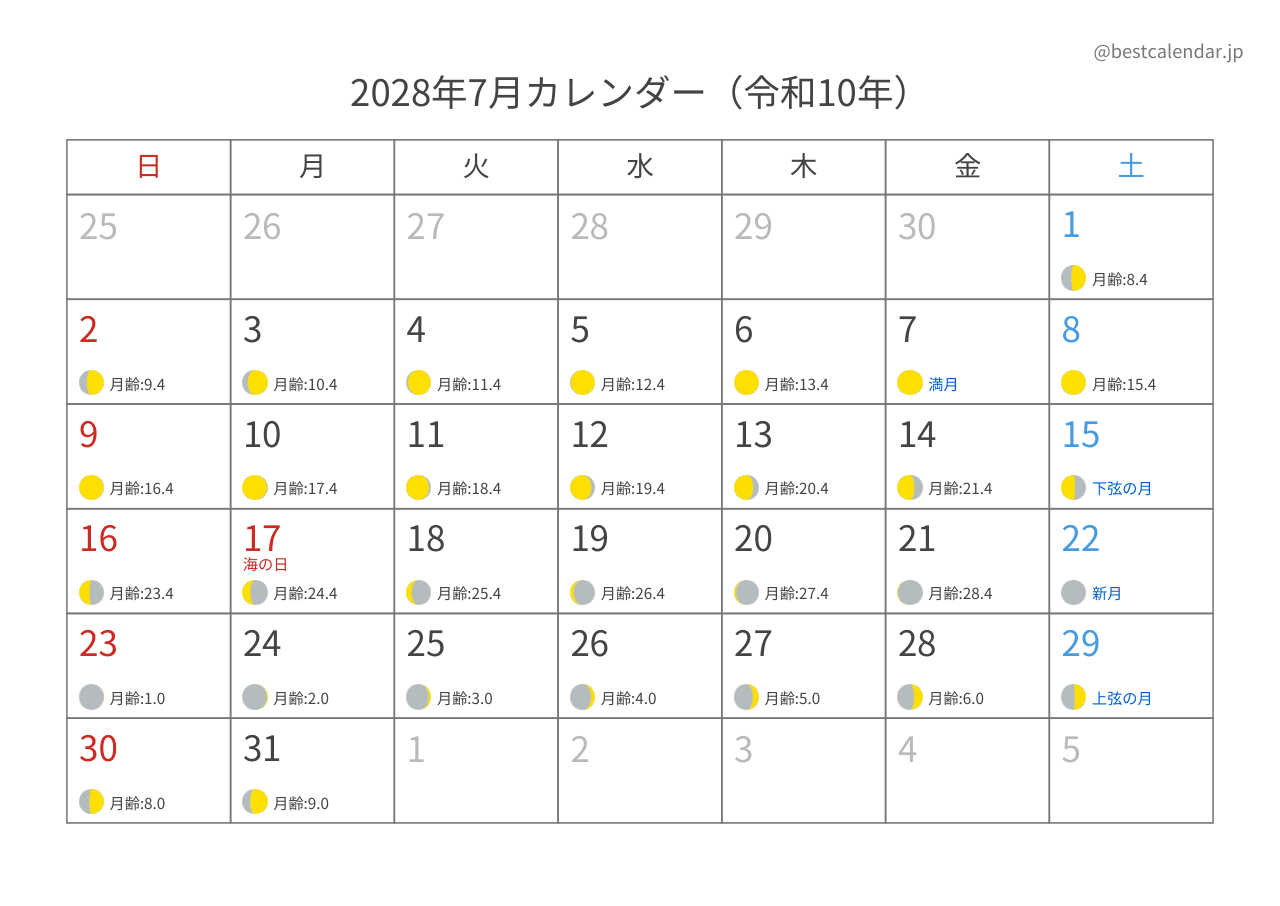 2028年7月月齢カレンダー 横向き