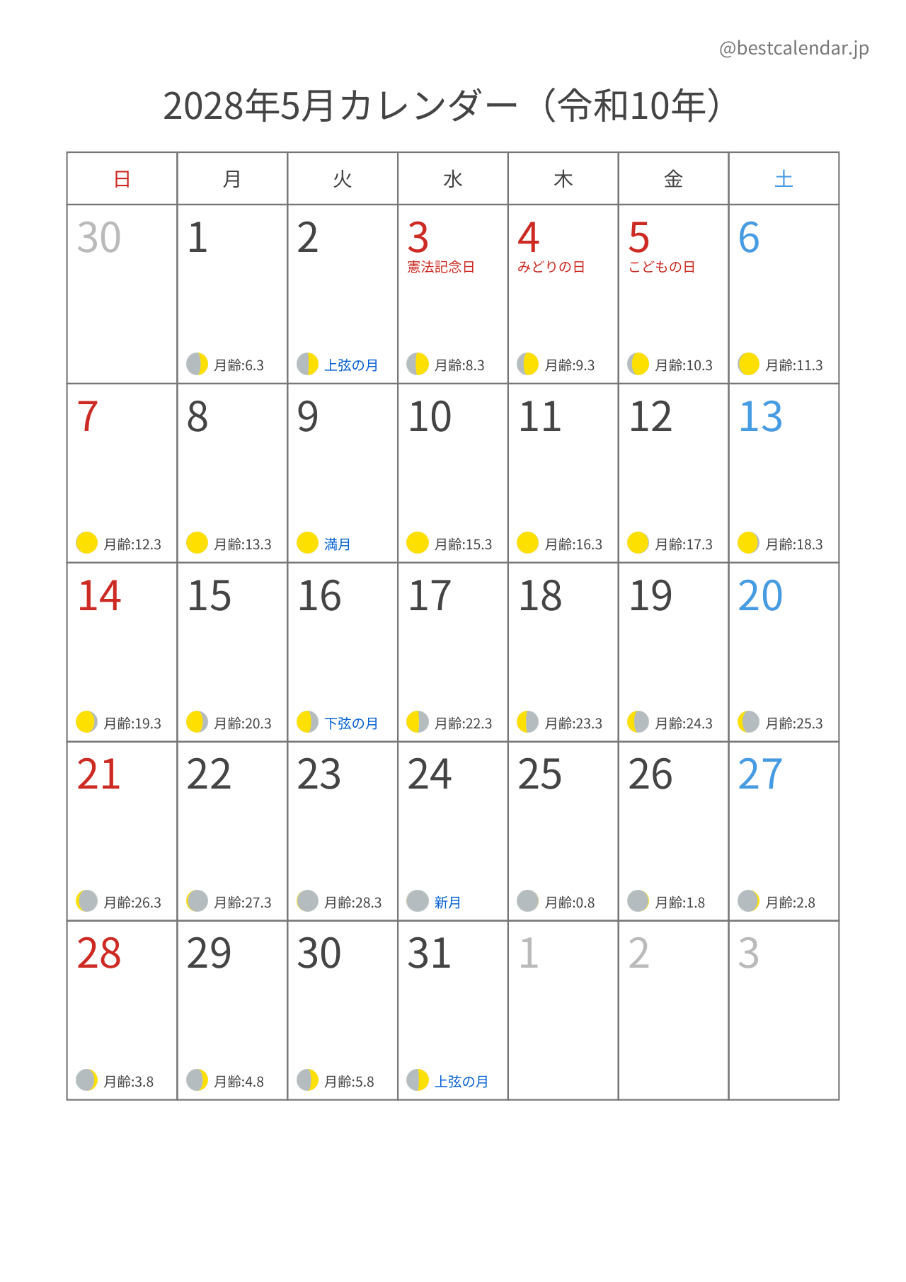 2028年5月月齢カレンダー 縦向き