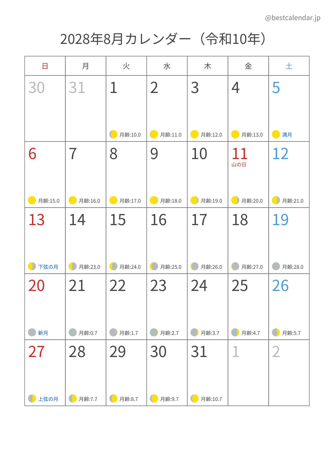 2028年8月月齢カレンダー 縦向き