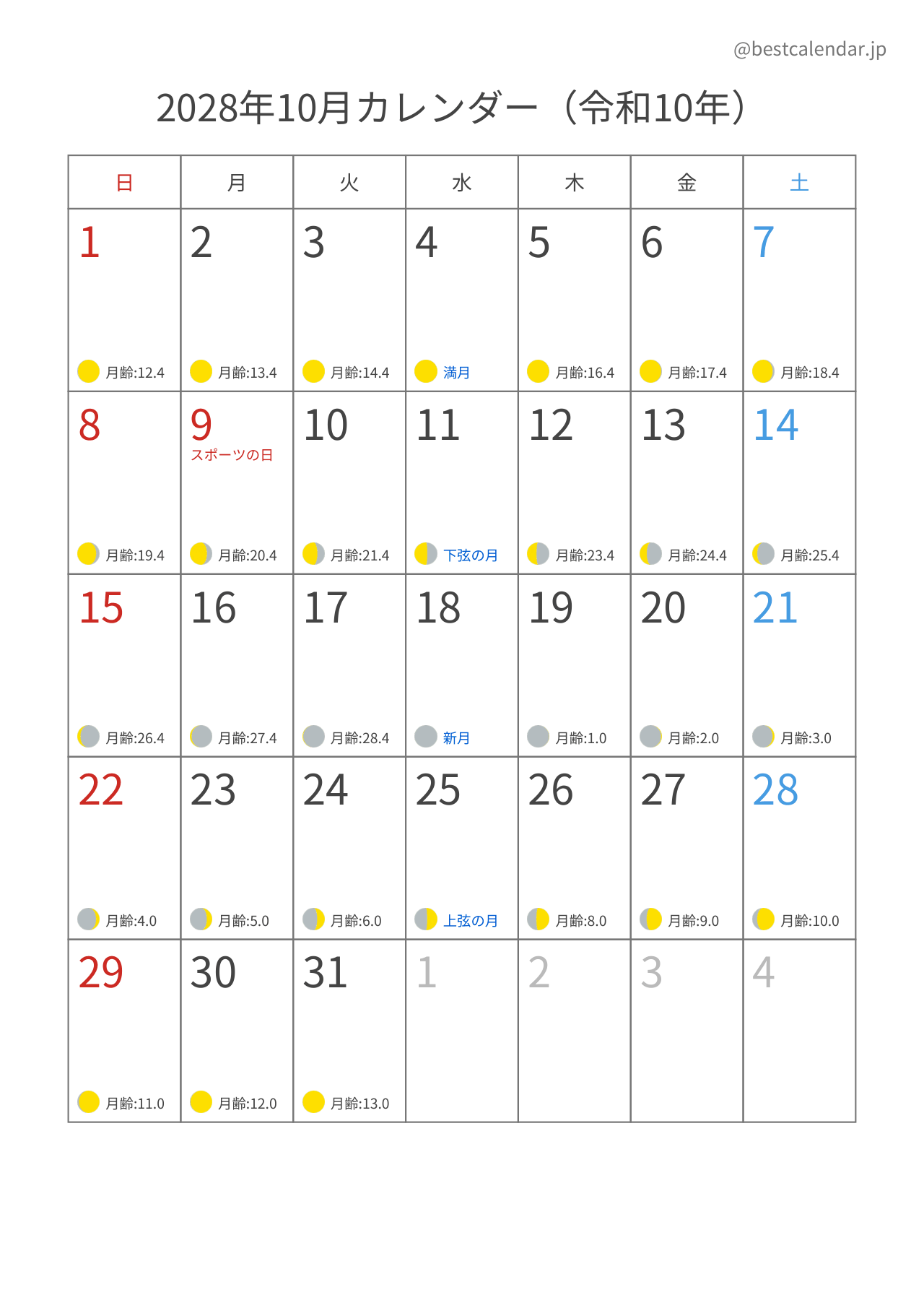 2028年10月月齢カレンダー 縦向き