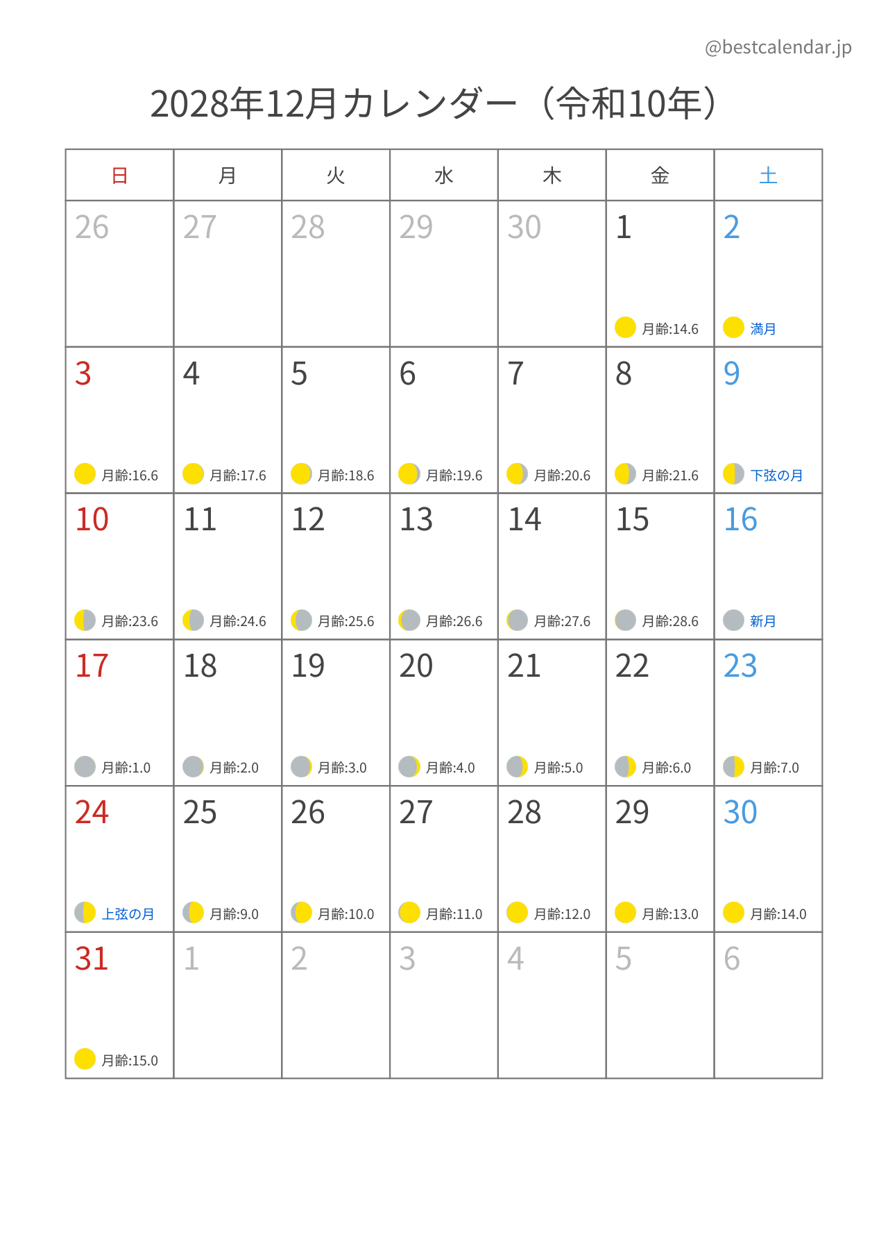 2028年12月月齢カレンダー 縦向き