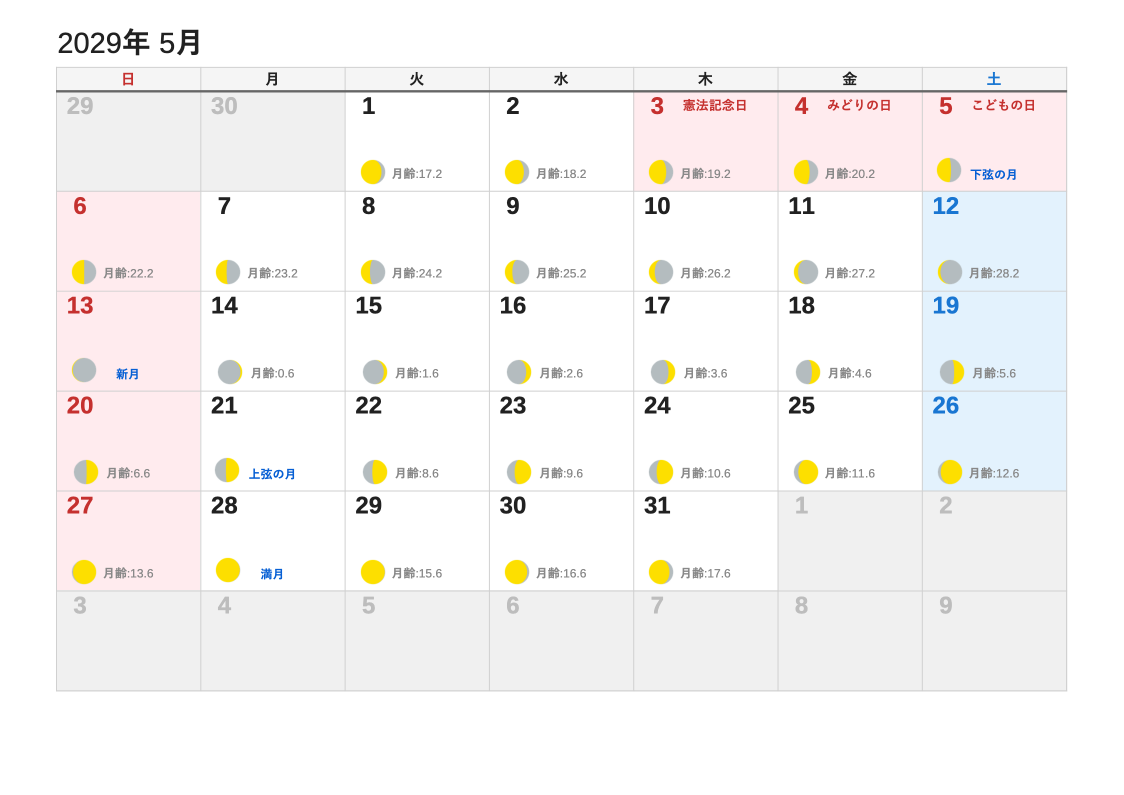 2029年5月 月齢エクセルカレンダー（日曜始まり）