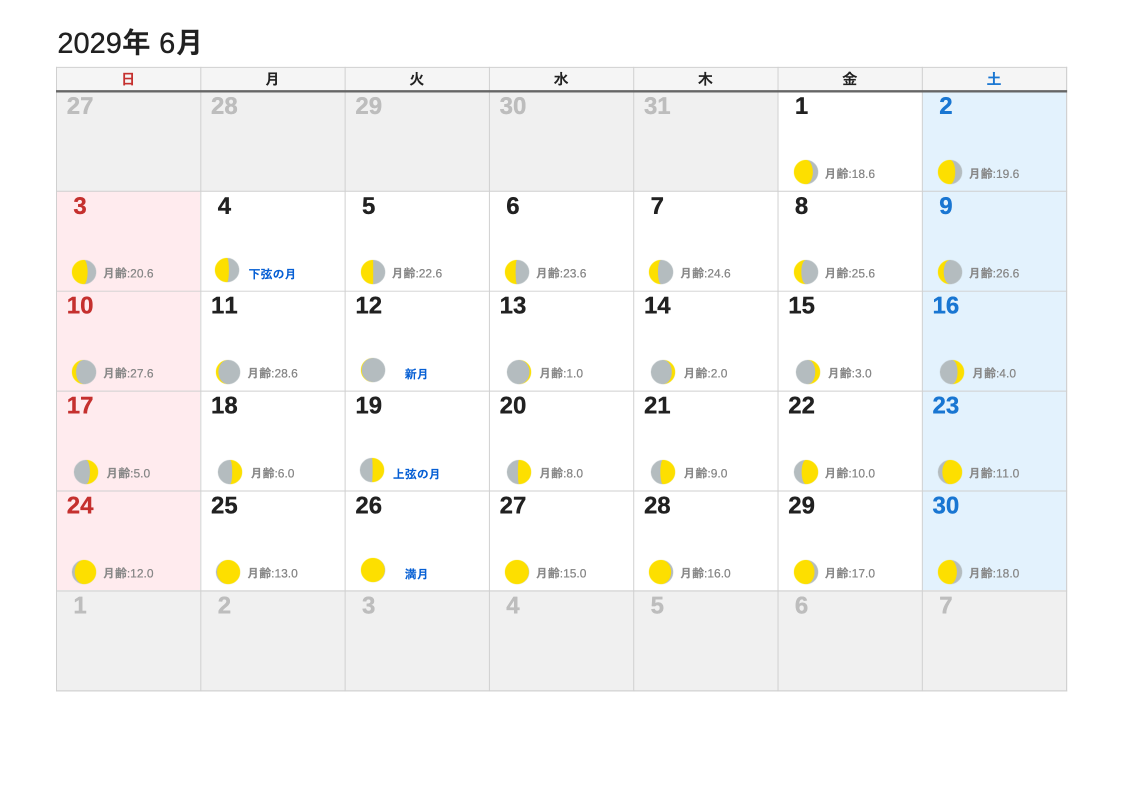 2029年6月 月齢エクセルカレンダー（日曜始まり）