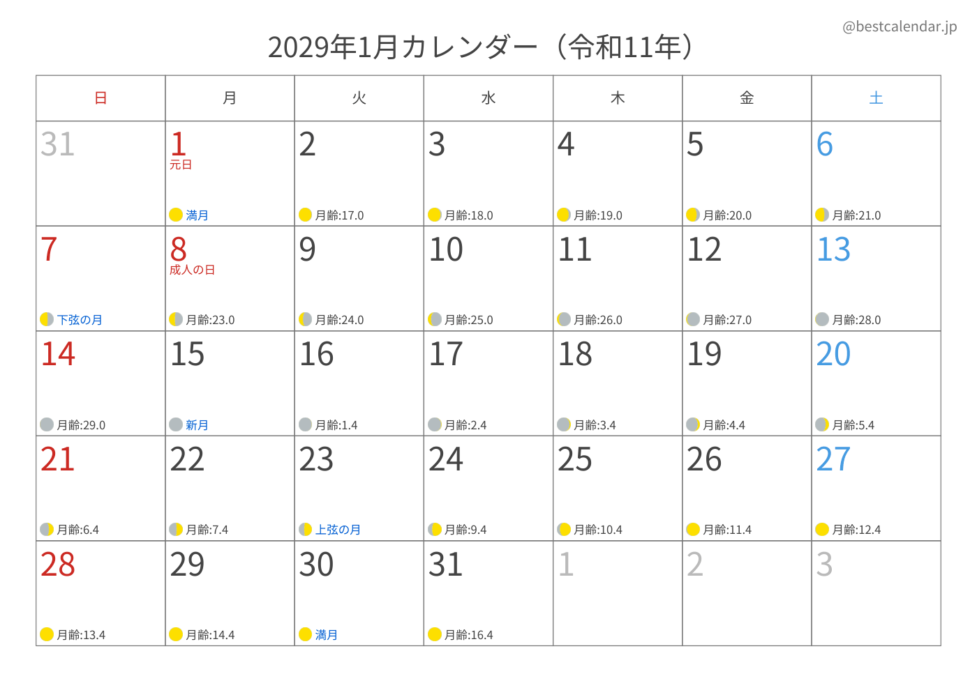 2029年1月 A3カレンダー（月齢入り）