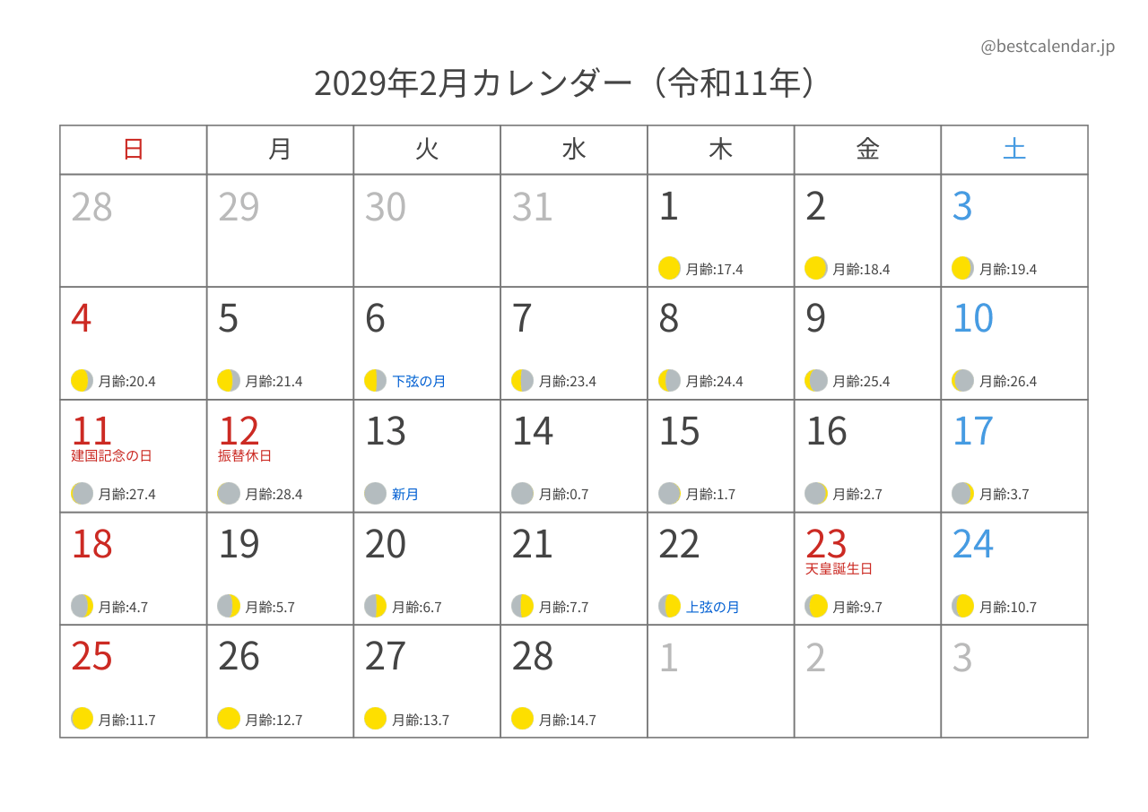2029年2月月齢カレンダー 横向き