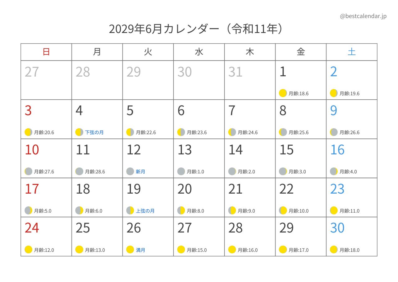 2029年6月月齢カレンダー 横向き
