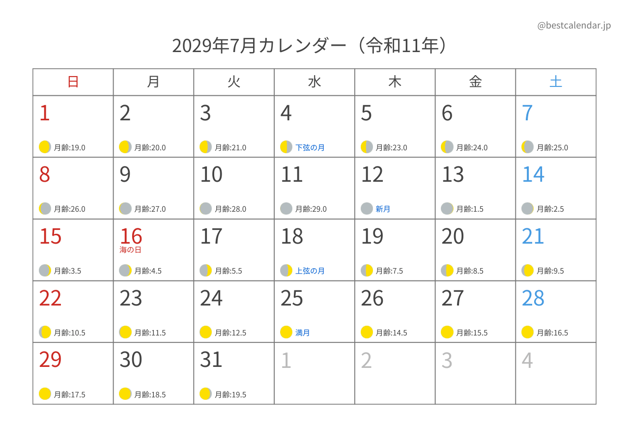 2029年7月月齢カレンダー 横向き