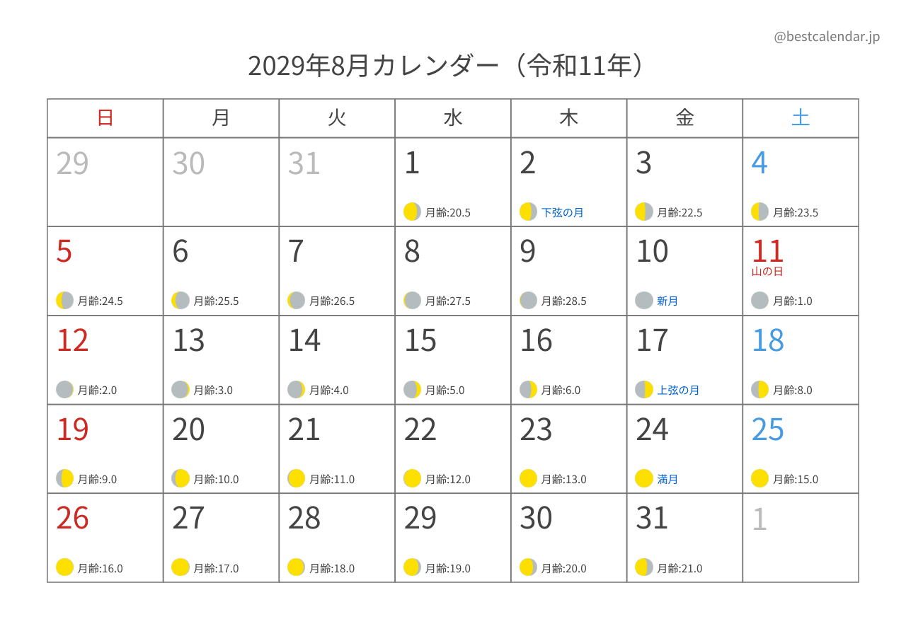 2029年8月月齢カレンダー 横向き