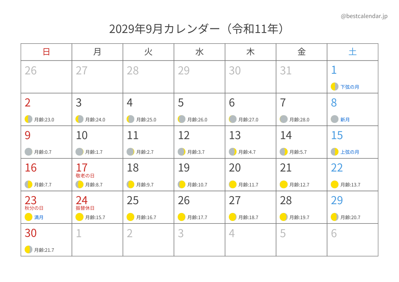 2029年9月月齢カレンダー 横向き
