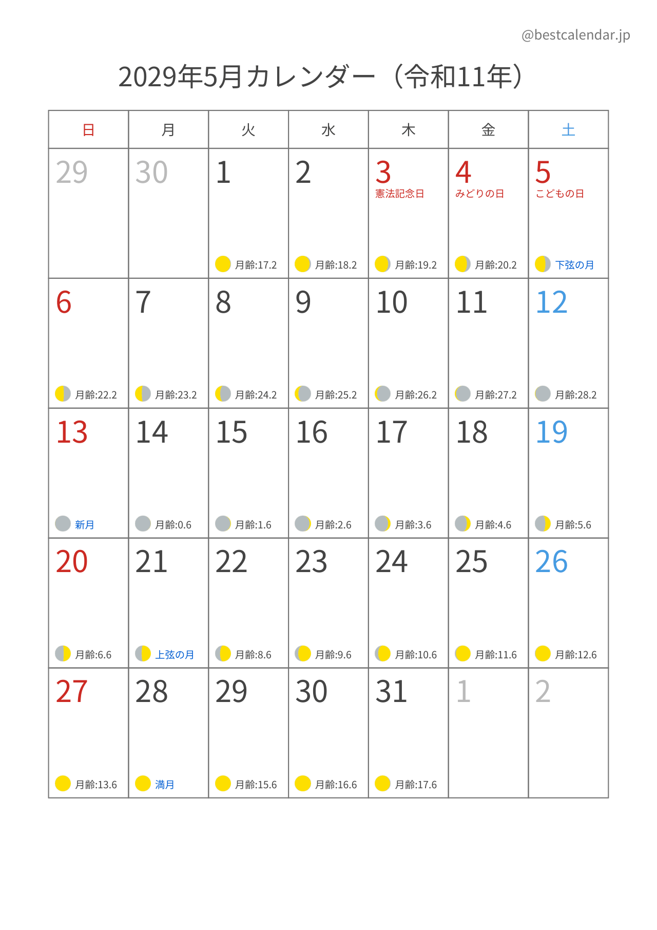 2029年5月月齢カレンダー 縦向き