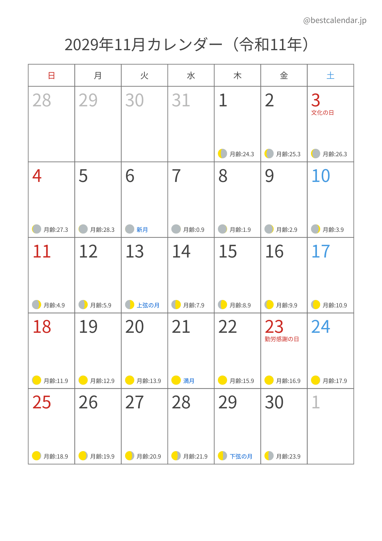 2029年11月月齢カレンダー 縦向き
