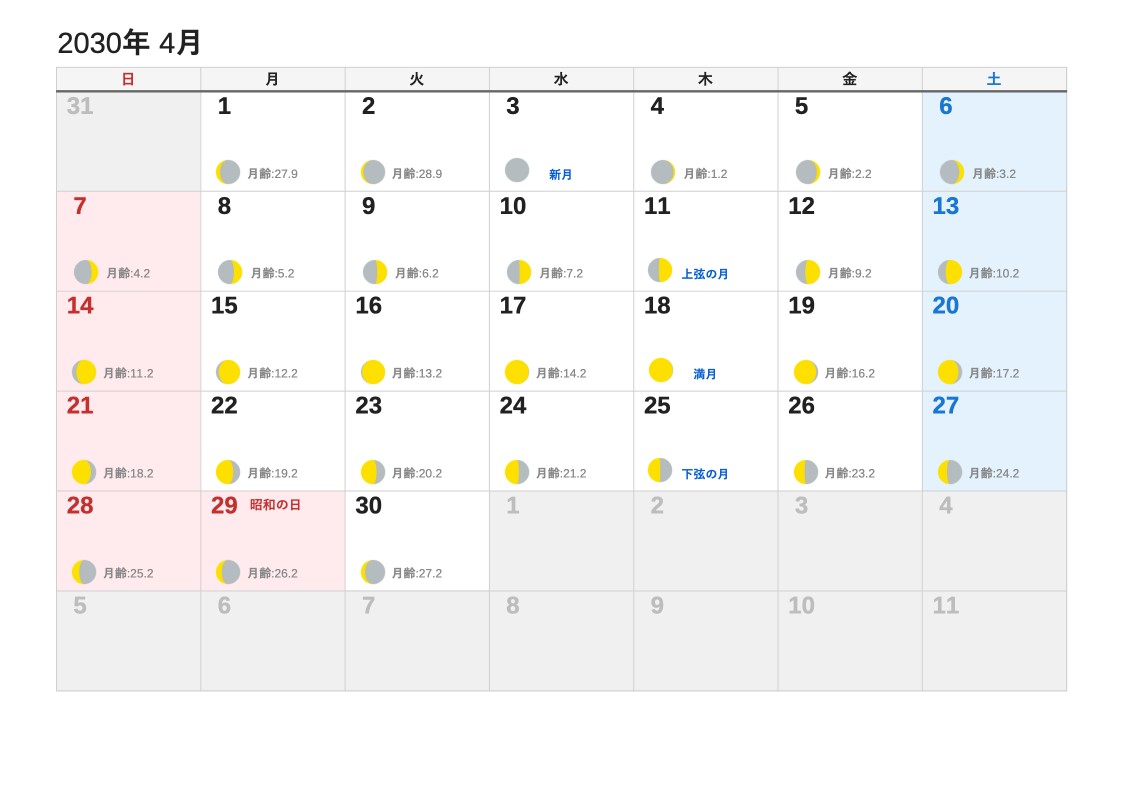 2030年4月 月齢エクセルカレンダー（日曜始まり）