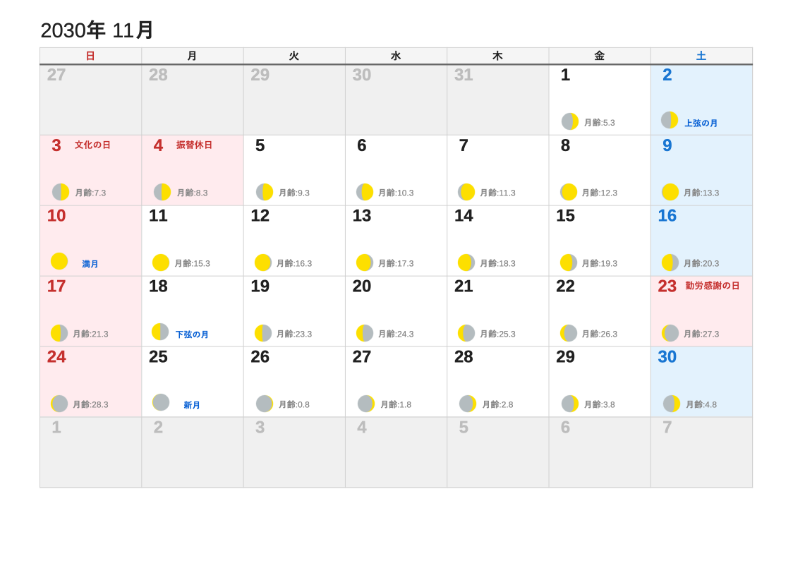 2030年11月 月齢エクセルカレンダー（日曜始まり）