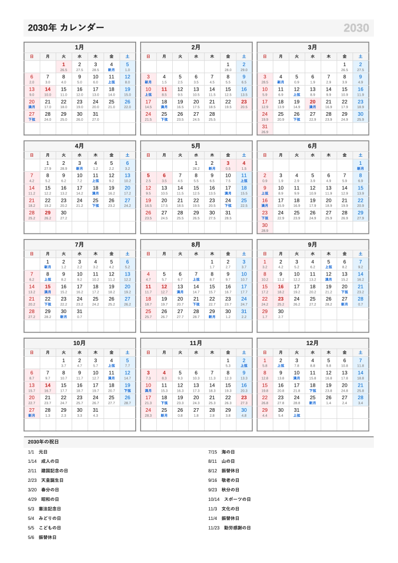 月齢入り・A4縦・1月始まりの年間カレンダー（日曜始まりの例）