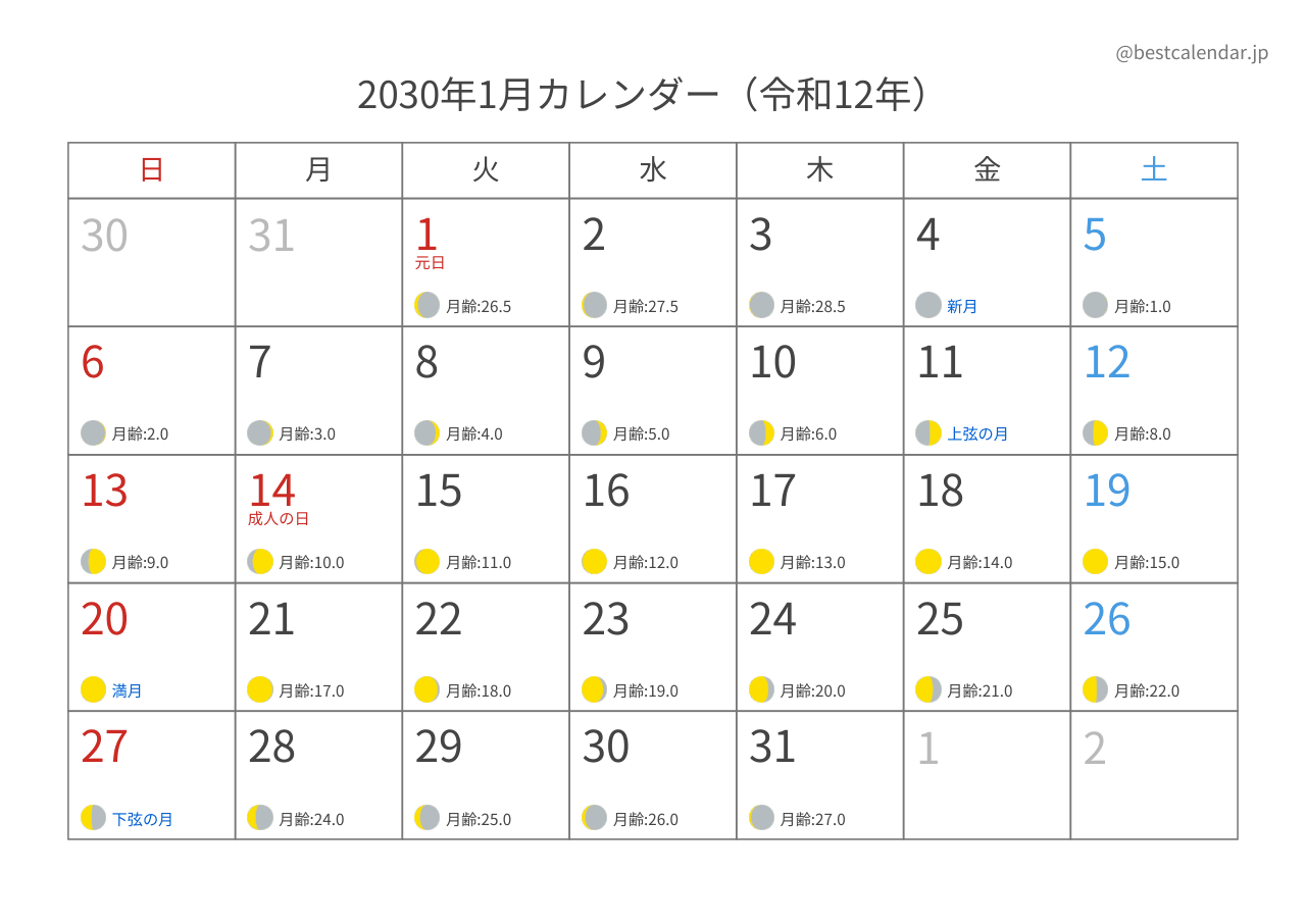 2030年1月月齢カレンダー 横向き