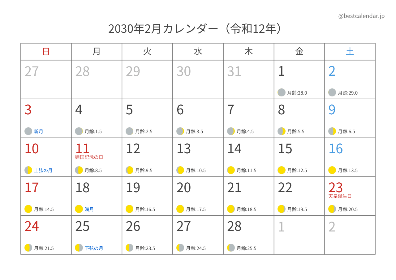 2030年2月月齢カレンダー 横向き