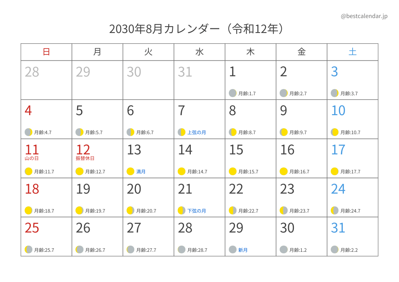 2030年8月月齢カレンダー 横向き