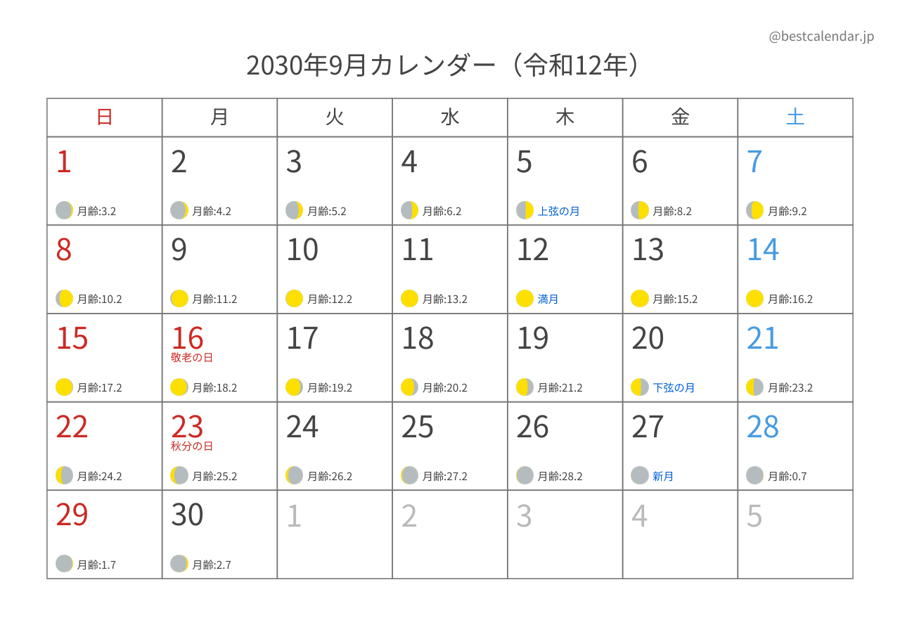 2030年9月月齢カレンダー 横向き