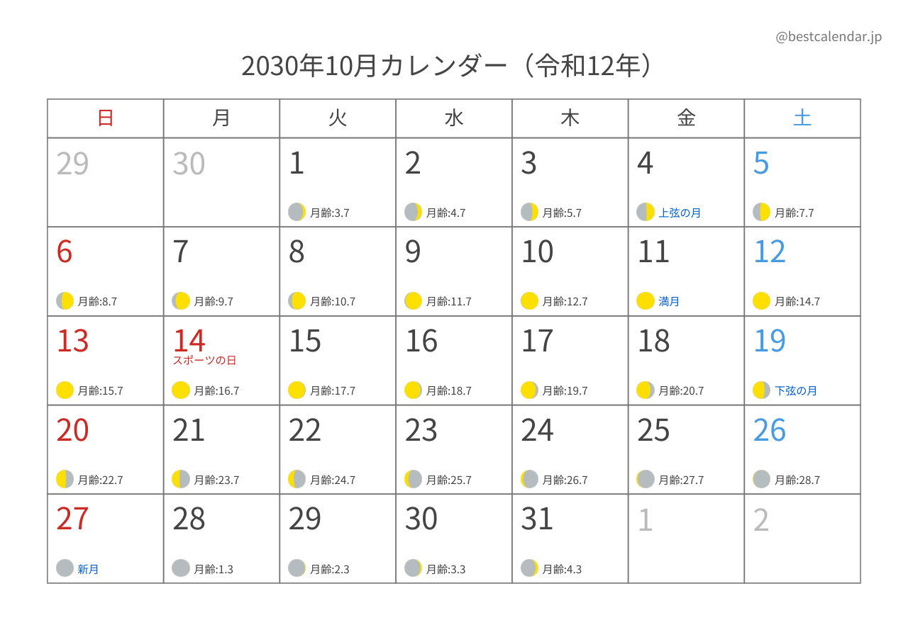 2030年10月月齢カレンダー 横向き
