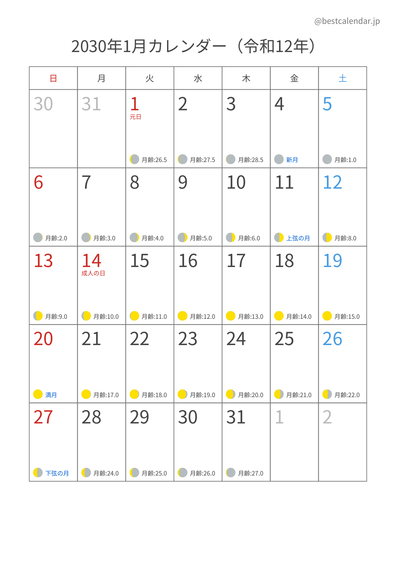 2030年1月月齢カレンダー 縦向き