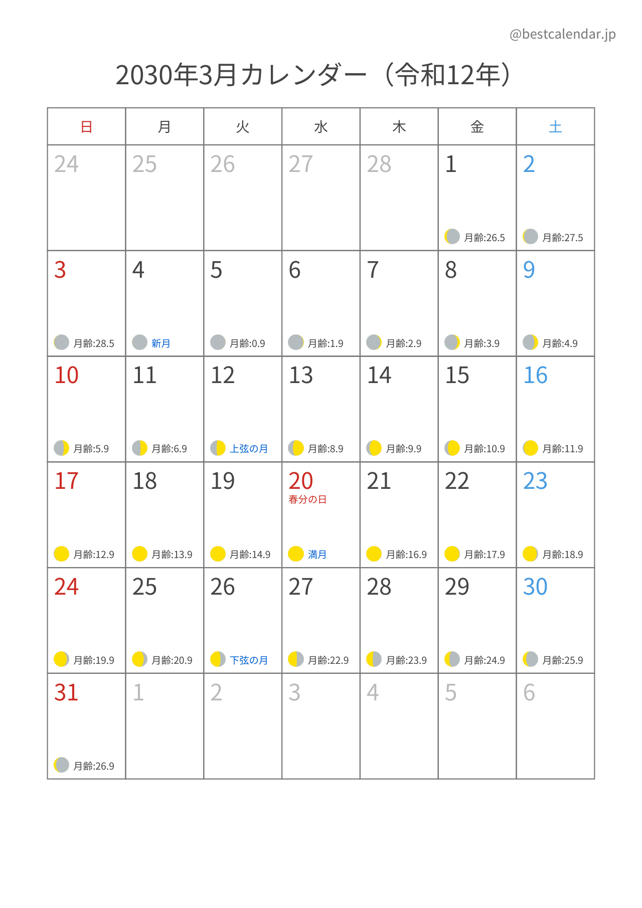 2030年3月月齢カレンダー 縦向き