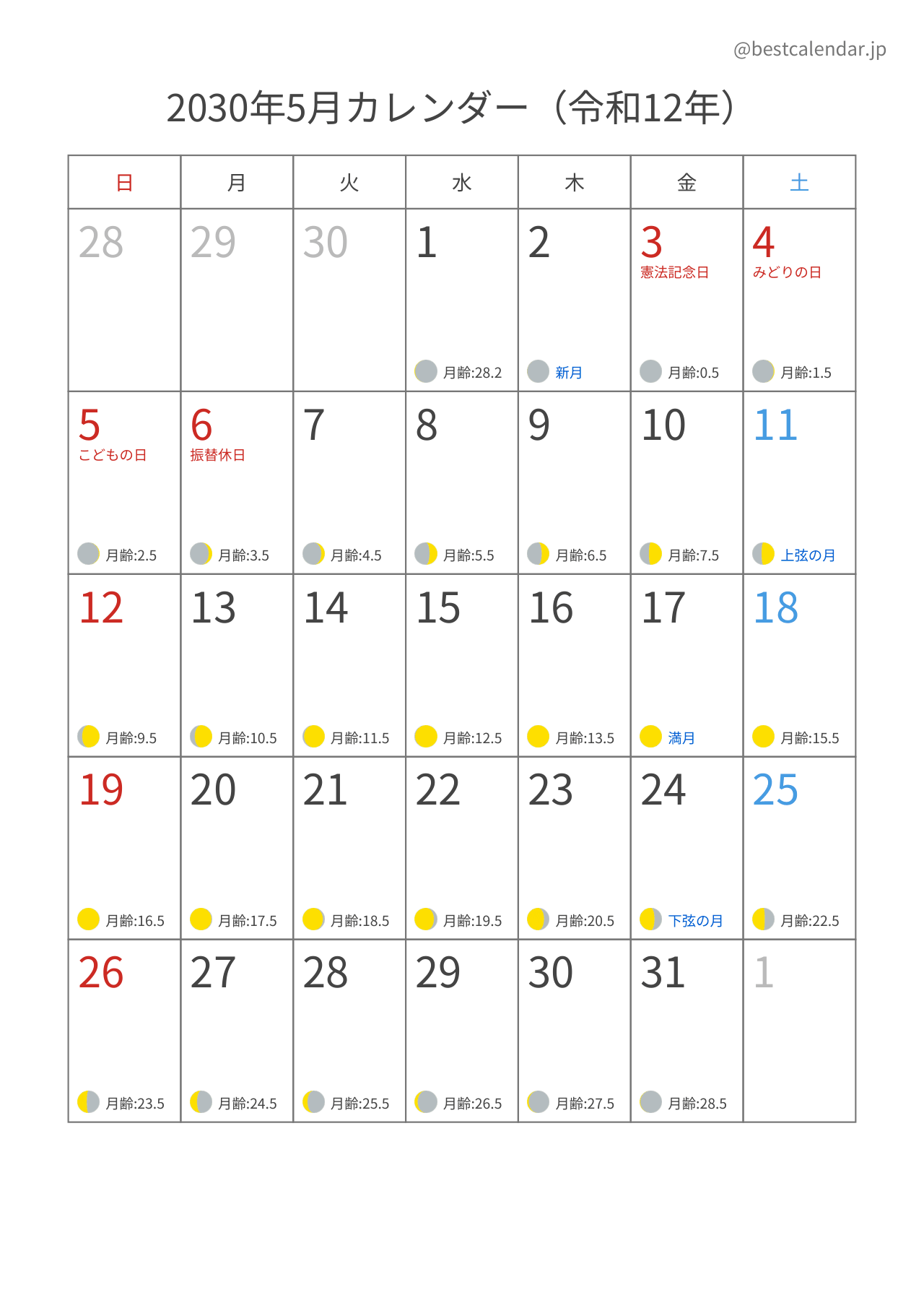 2030年5月月齢カレンダー 縦向き