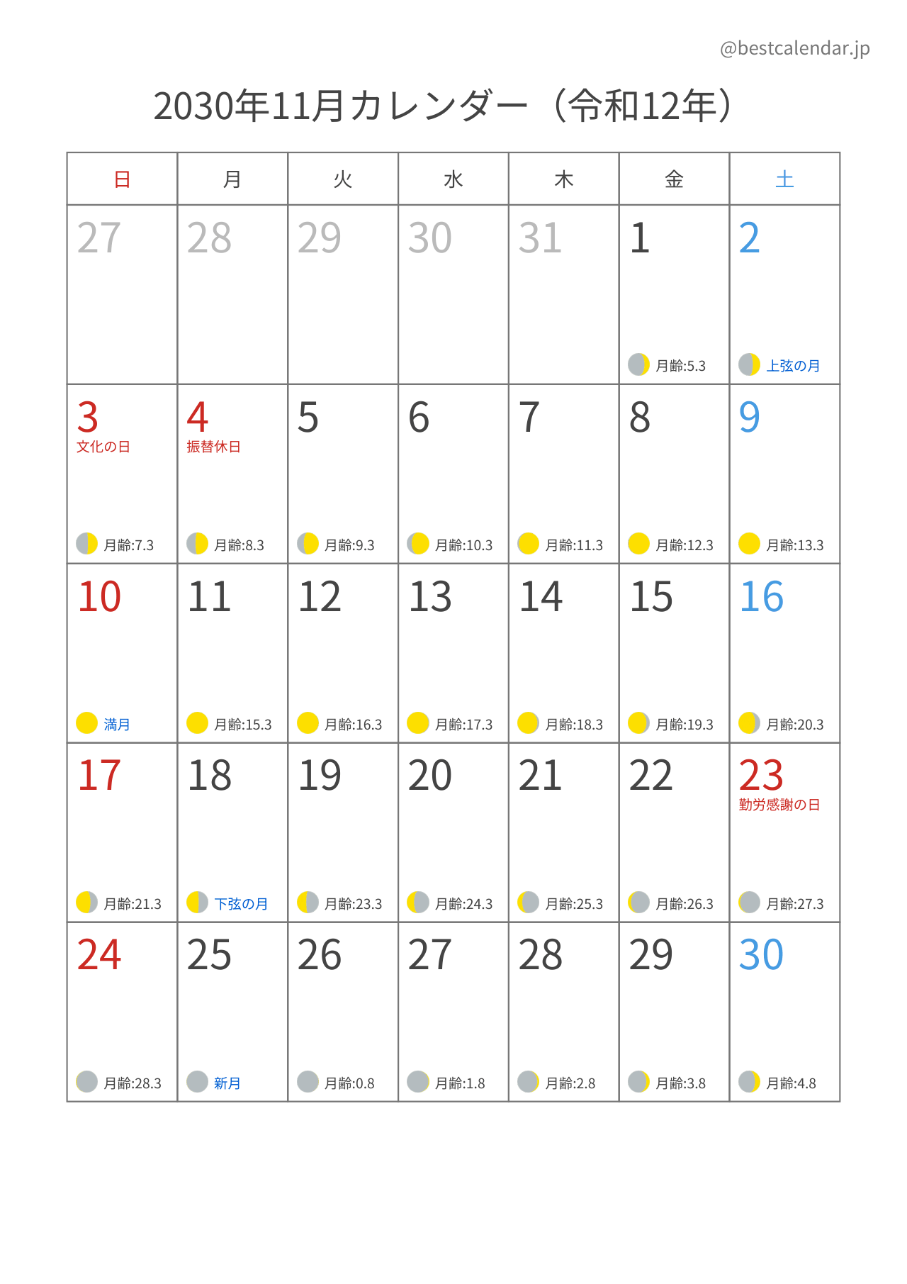 2030年11月月齢カレンダー 縦向き