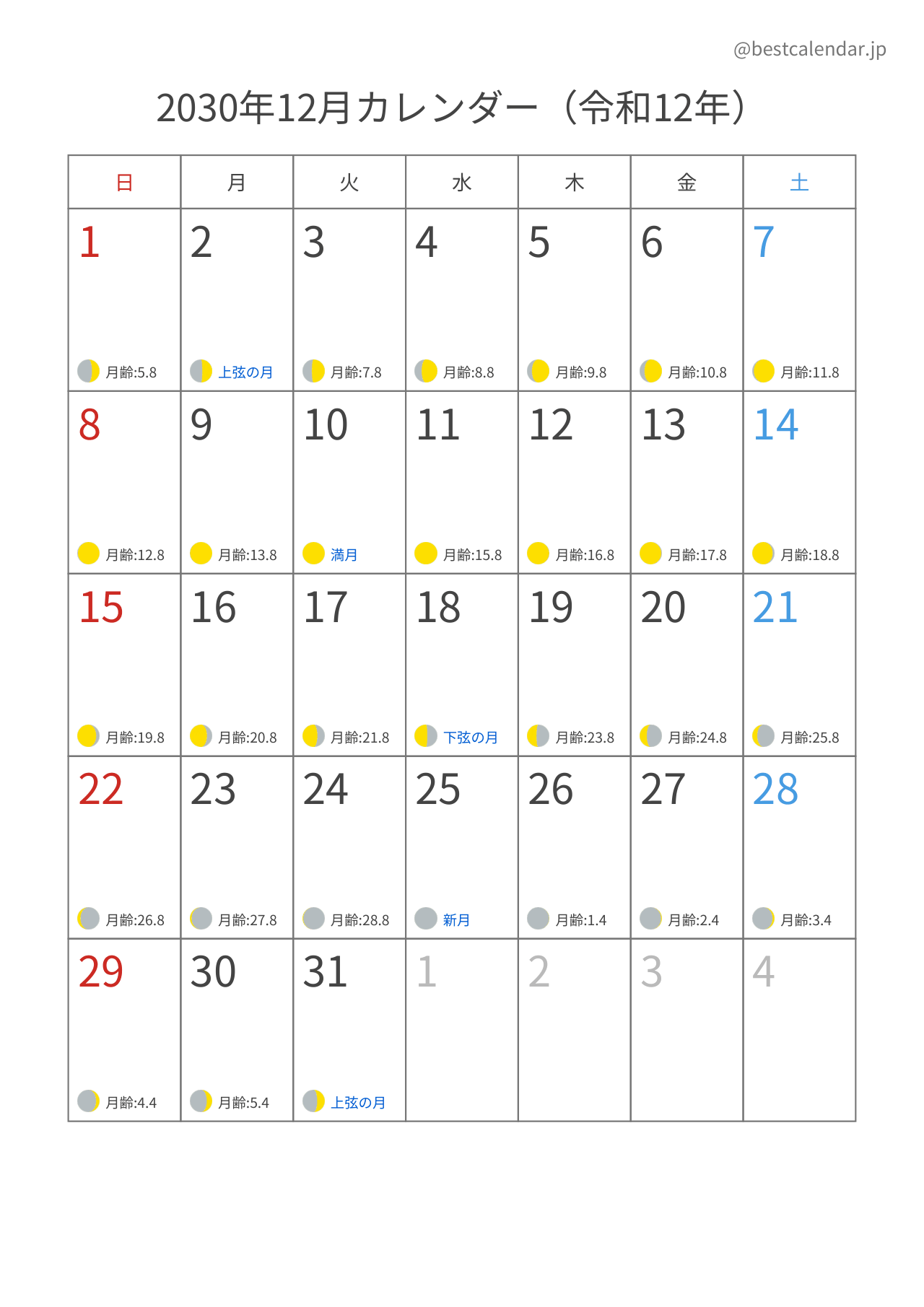 2030年12月月齢カレンダー 縦向き