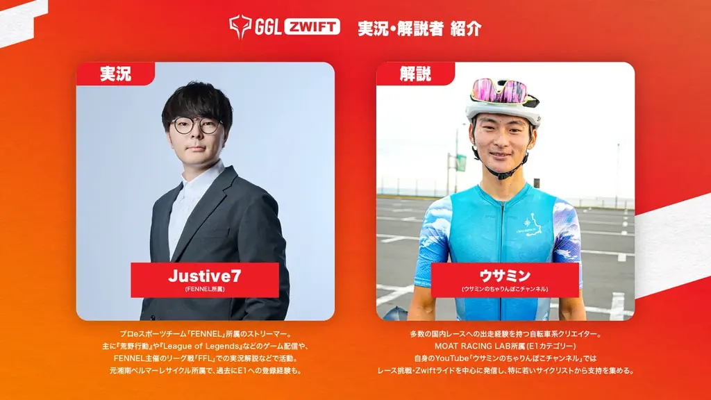 自転車のeスポーツ大会「GGL ZWIFT」の本戦大会が12月27日にライブ配信決定！ 実況はFENNEL所属のJustive7氏。解説はウサミンのちゃりんぽこチャンネルのウサミン氏が担当。 画像 2