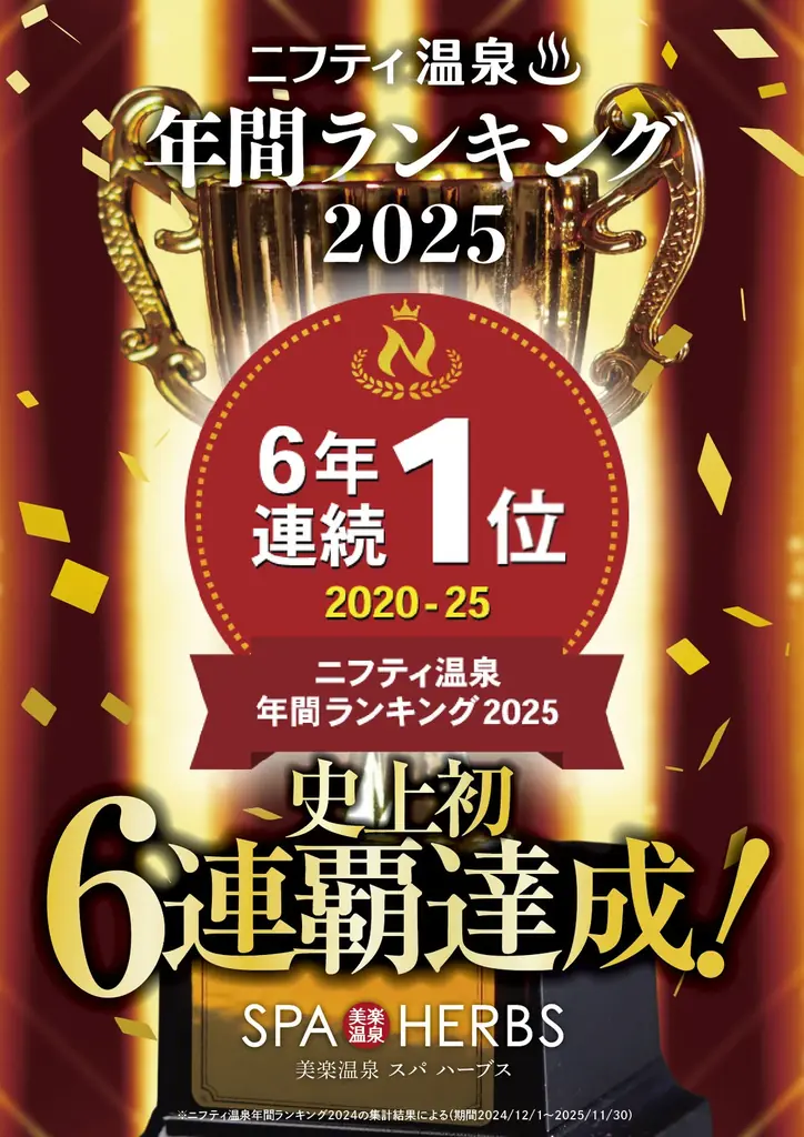 史上初！6連覇！ニフティ温泉ランキング2025、全国総合1位受賞！食事が美味しい温浴施設、3年連続1位受賞！「美楽温泉 SPA-HERBS」快挙達成！受賞記念特別イベント開催！ 画像 3