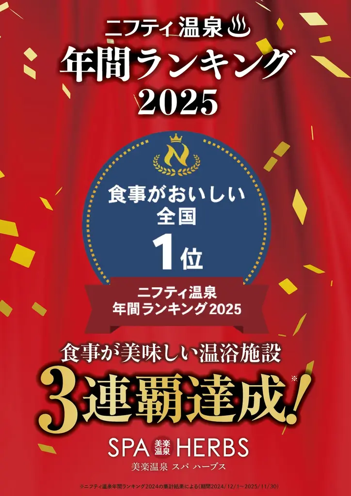 史上初！6連覇！ニフティ温泉ランキング2025、全国総合1位受賞！食事が美味しい温浴施設、3年連続1位受賞！「美楽温泉 SPA-HERBS」快挙達成！受賞記念特別イベント開催！ 画像 4