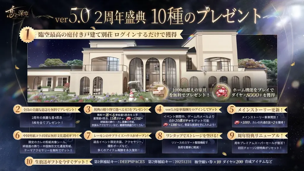 「恋と深空」12月31日よりVer5.0「2周年盛典」実装！イベント「愛、宇宙、詩の王座」開催、新限定星5思念登場＆40連無料ガチャなど周年特典盛りだくさん！ 画像 2
