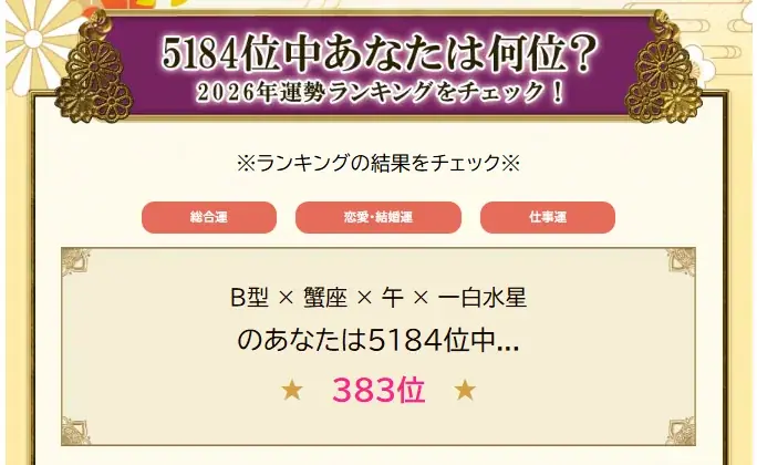 2026年の運勢ランキング｜生年月日＆血液型占いで順位発表「5184位中あなたは何位？」が「みのり | 当たる無料占い＆恋愛占い」で提供開始 画像 2
